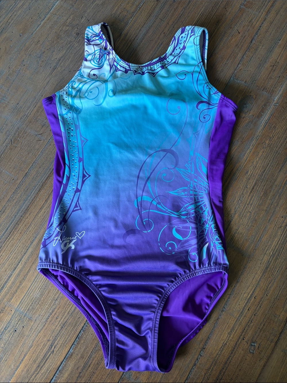 GK girls XL/Adult S gymnastics leotard- “Laurie” signature with blue & purple